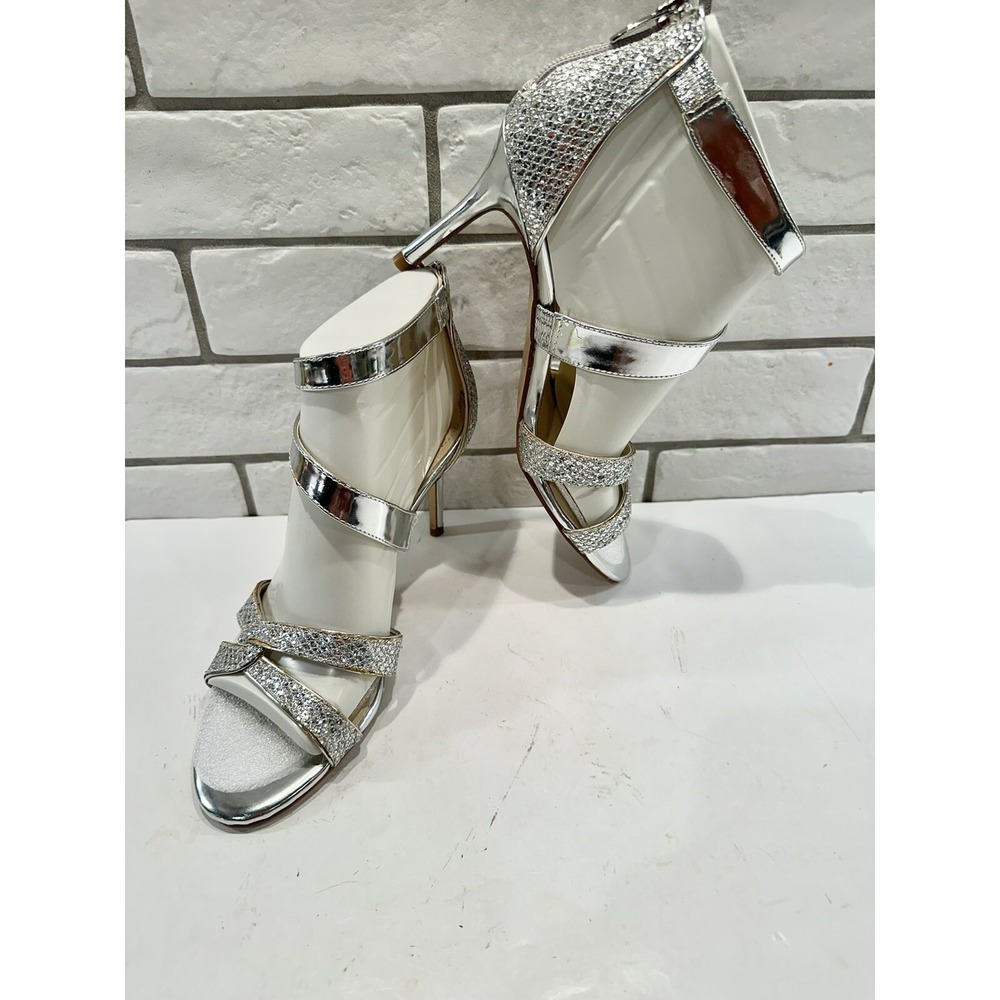 MARC FISHER WOMENS SILVER GLITTER METALLIC DAZZLING STRAPPY DRESS SANDALS HEELS